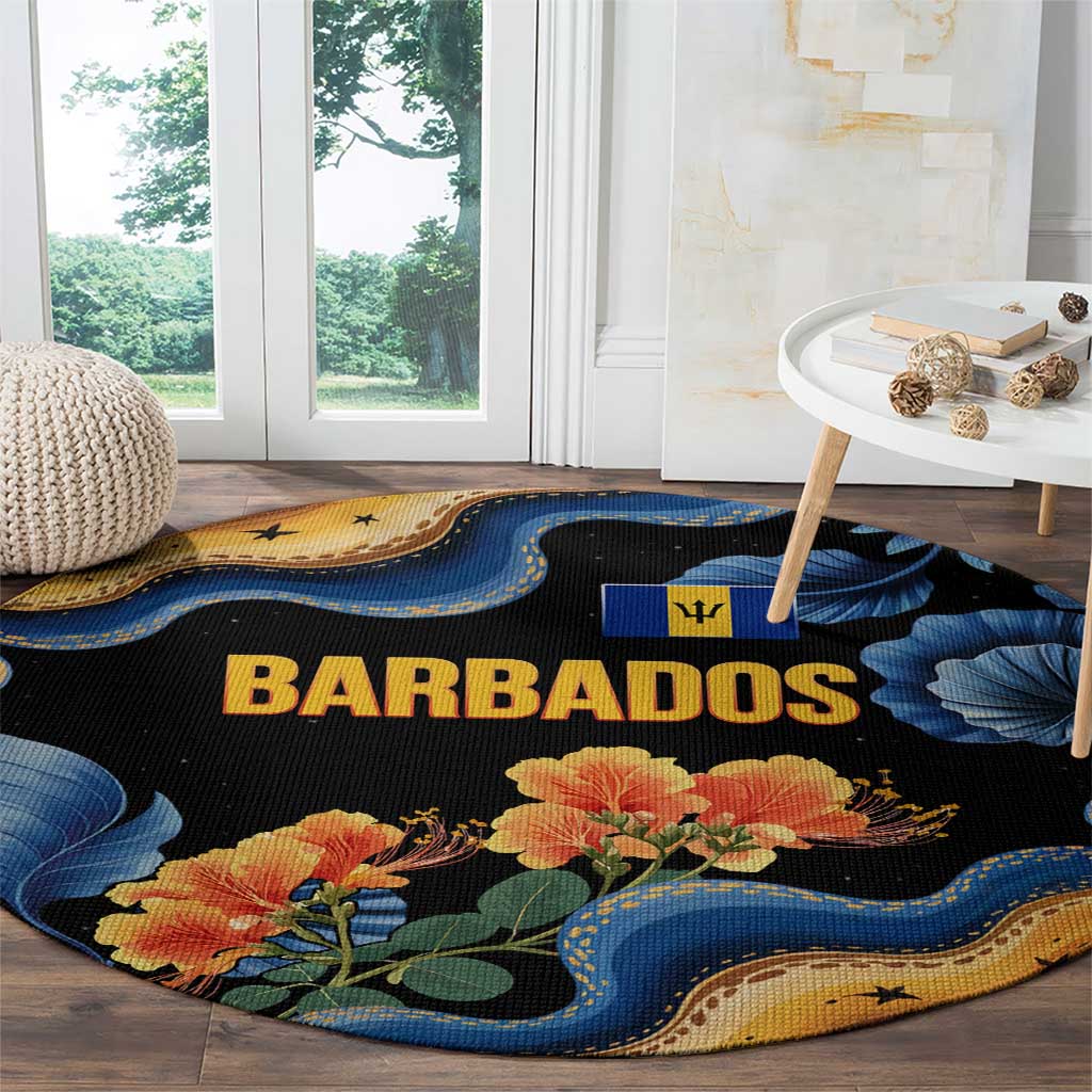 Barbados Floral Wave Round Carpet with Tropical Hibiscus Print Black and Gold - Wonder Print Shop