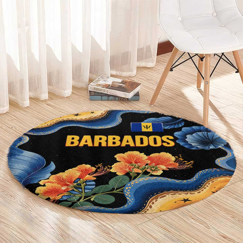 Barbados Floral Wave Round Carpet with Tropical Hibiscus Print Black and Gold - Wonder Print Shop