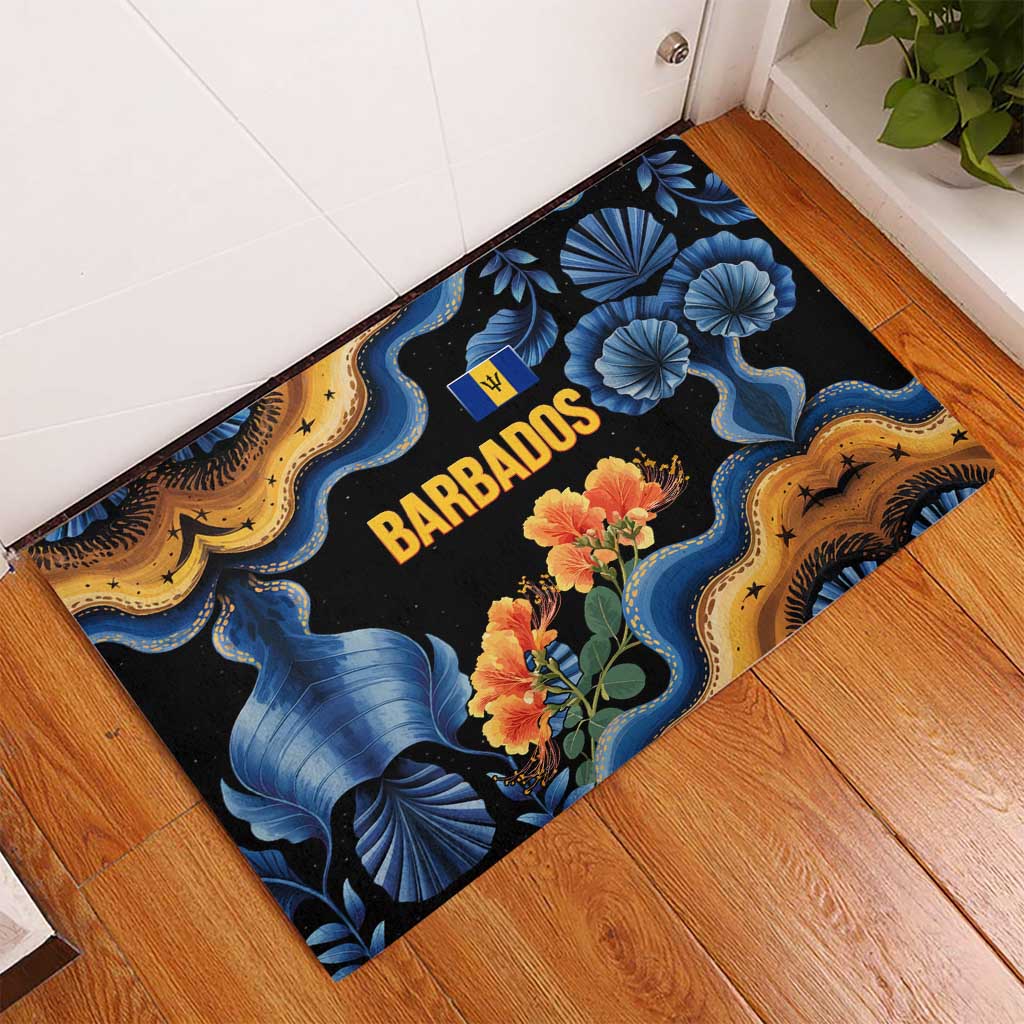 Barbados Floral Wave Rubber Doormat with Tropical Hibiscus Print Black and Gold - Wonder Print Shop