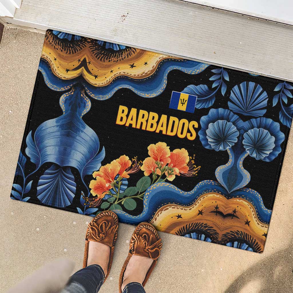 Barbados Floral Wave Rubber Doormat with Tropical Hibiscus Print Black and Gold - Wonder Print Shop