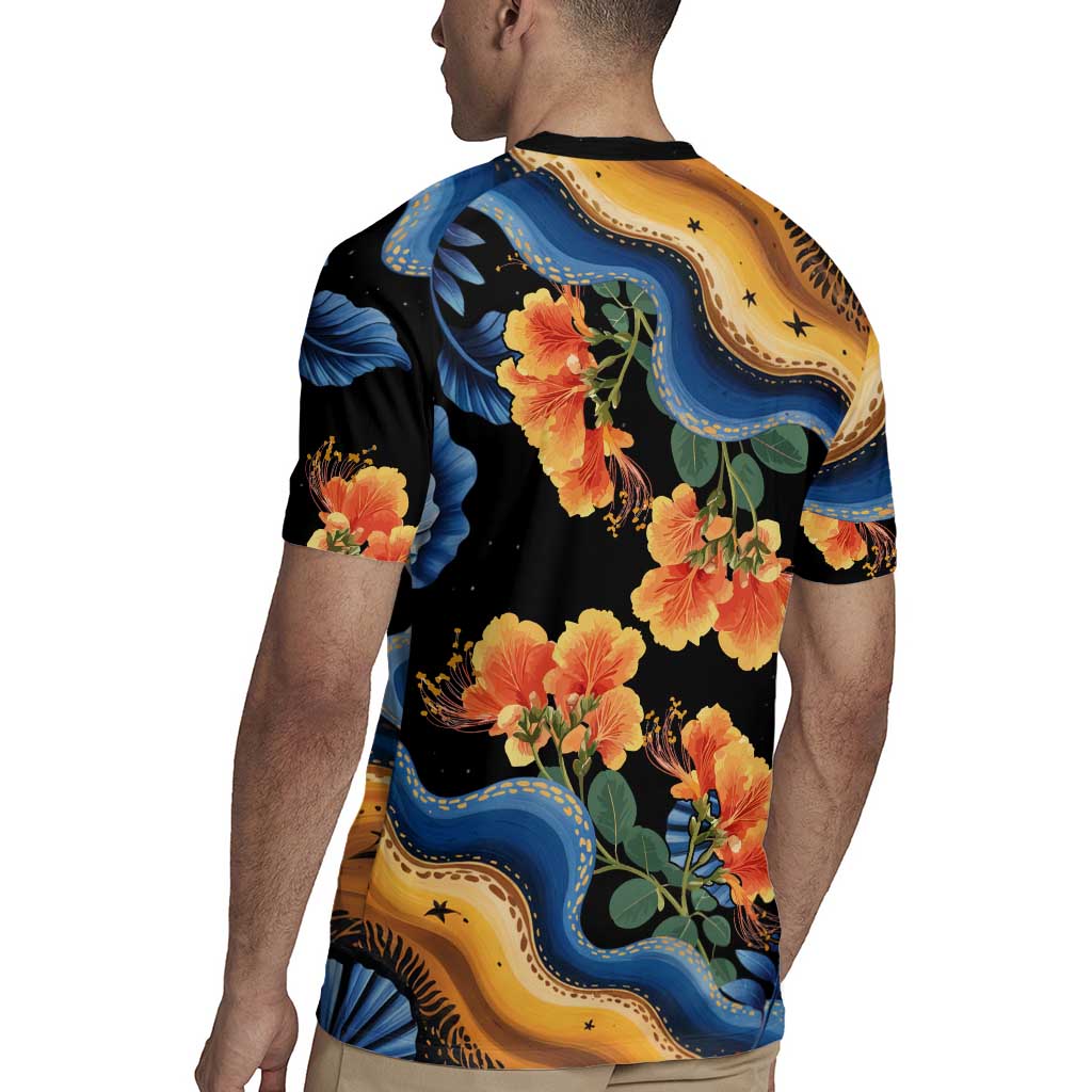 Barbados Floral Wave Rugby Jersey with Tropical Hibiscus Print Black and Gold - Wonder Print Shop