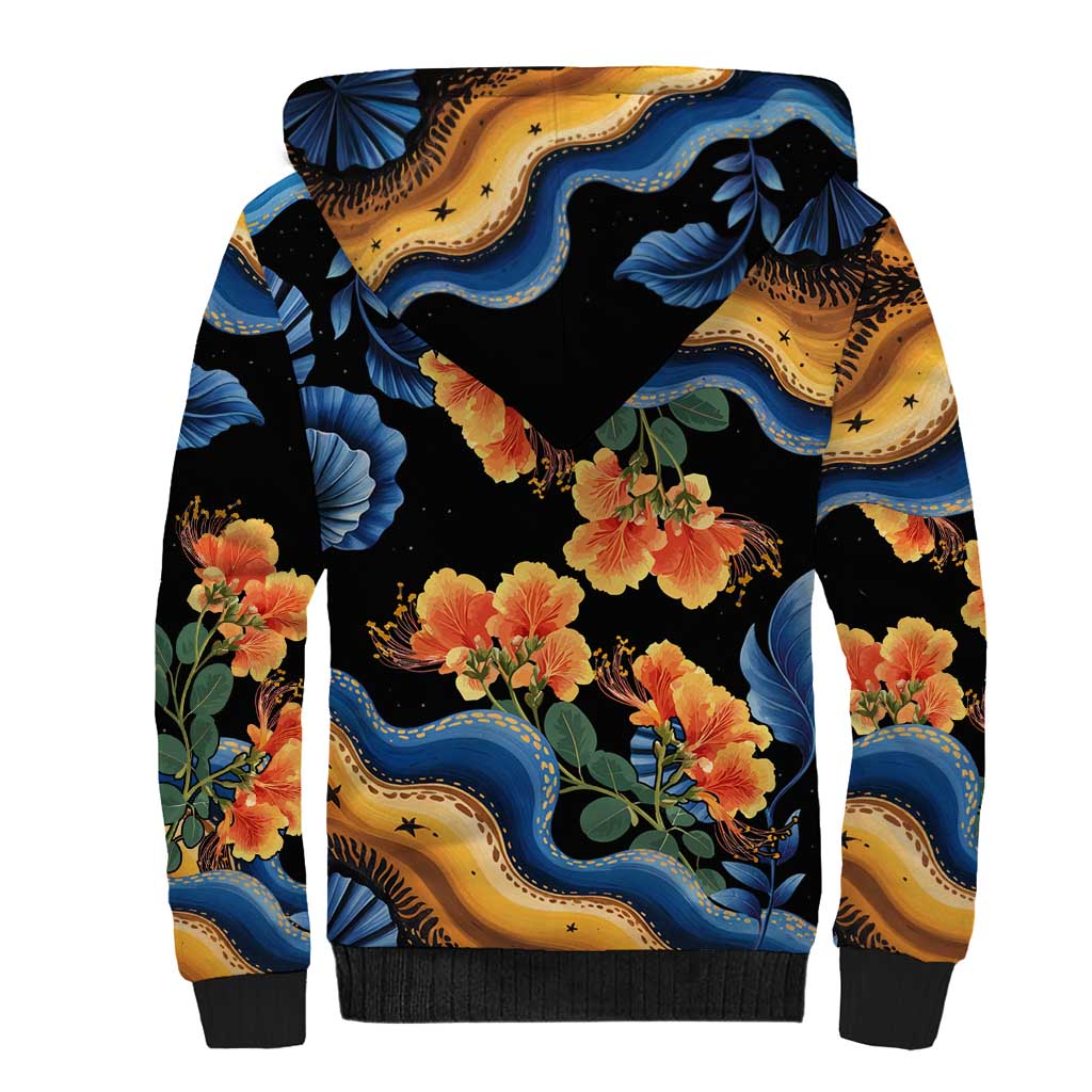 Barbados Floral Wave Sherpa Hoodie with Tropical Hibiscus Print Black and Gold - Wonder Print Shop