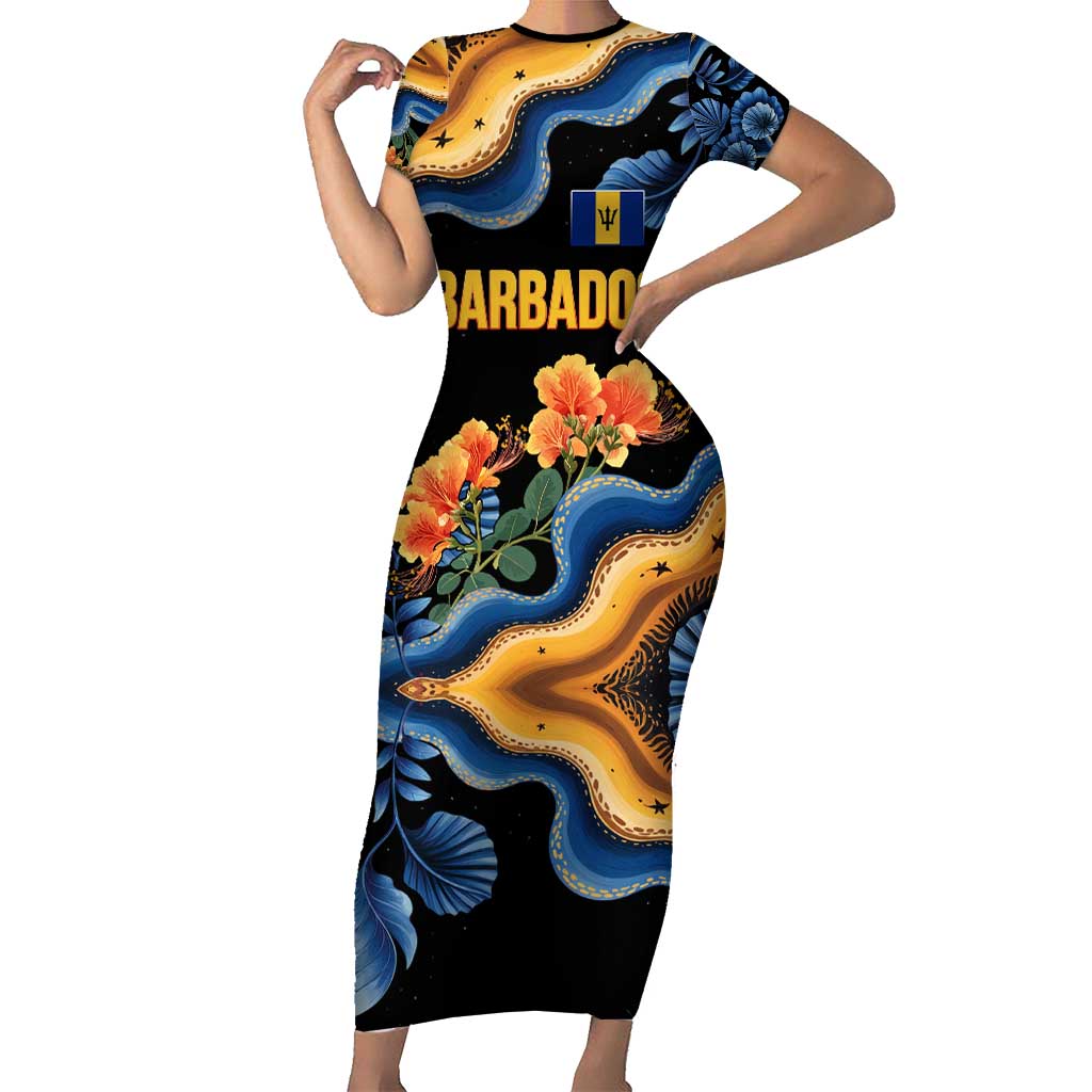 Barbados Floral Wave Short Sleeve Bodycon Dress with Tropical Hibiscus Print Black and Gold - Wonder Print Shop
