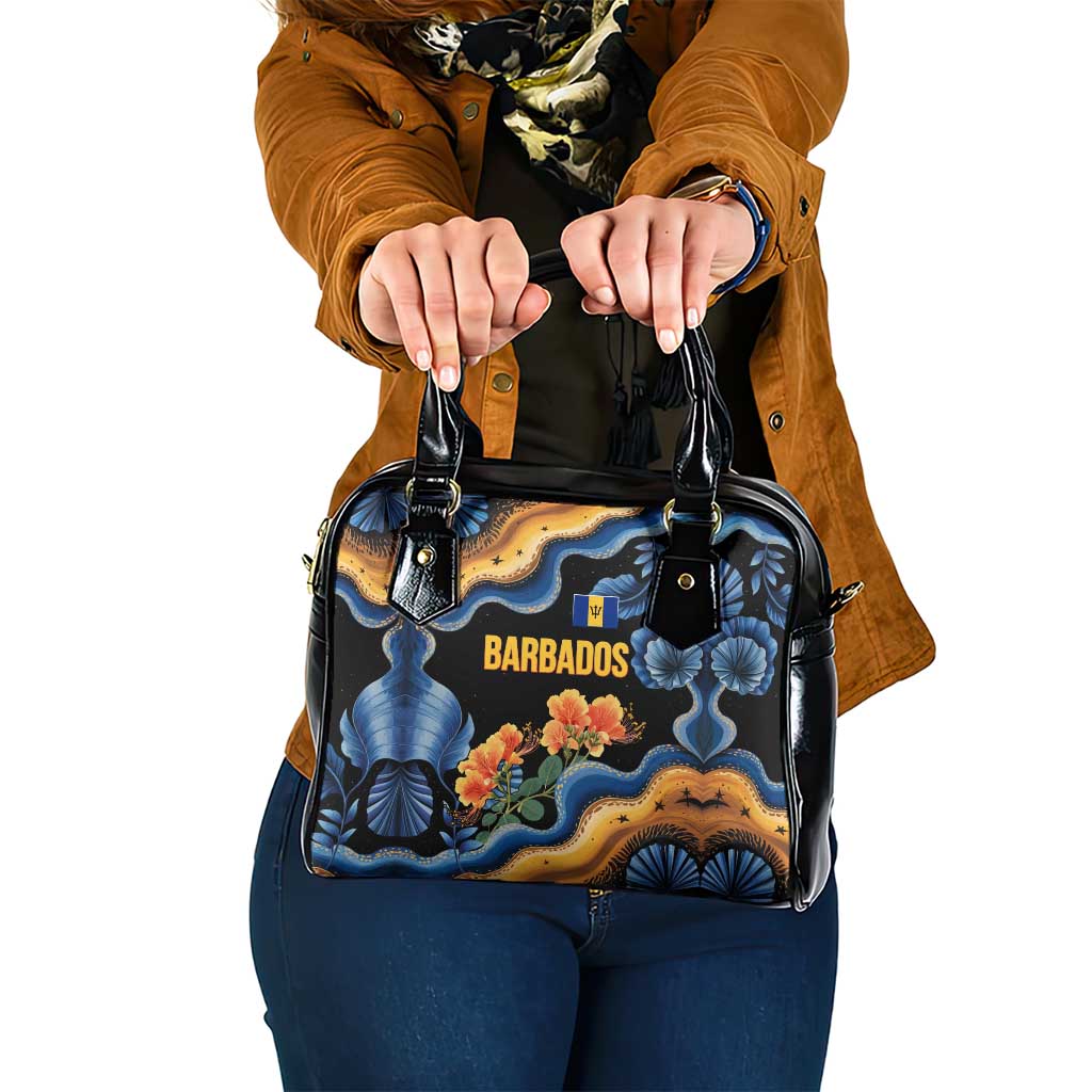 Barbados Floral Wave Shoulder Handbag with Tropical Hibiscus Print Black and Gold - Wonder Print Shop
