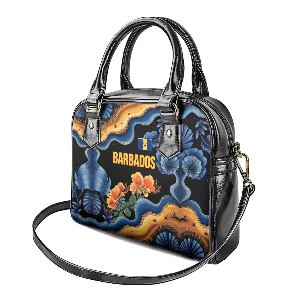 Barbados Floral Wave Shoulder Handbag with Tropical Hibiscus Print Black and Gold - Wonder Print Shop