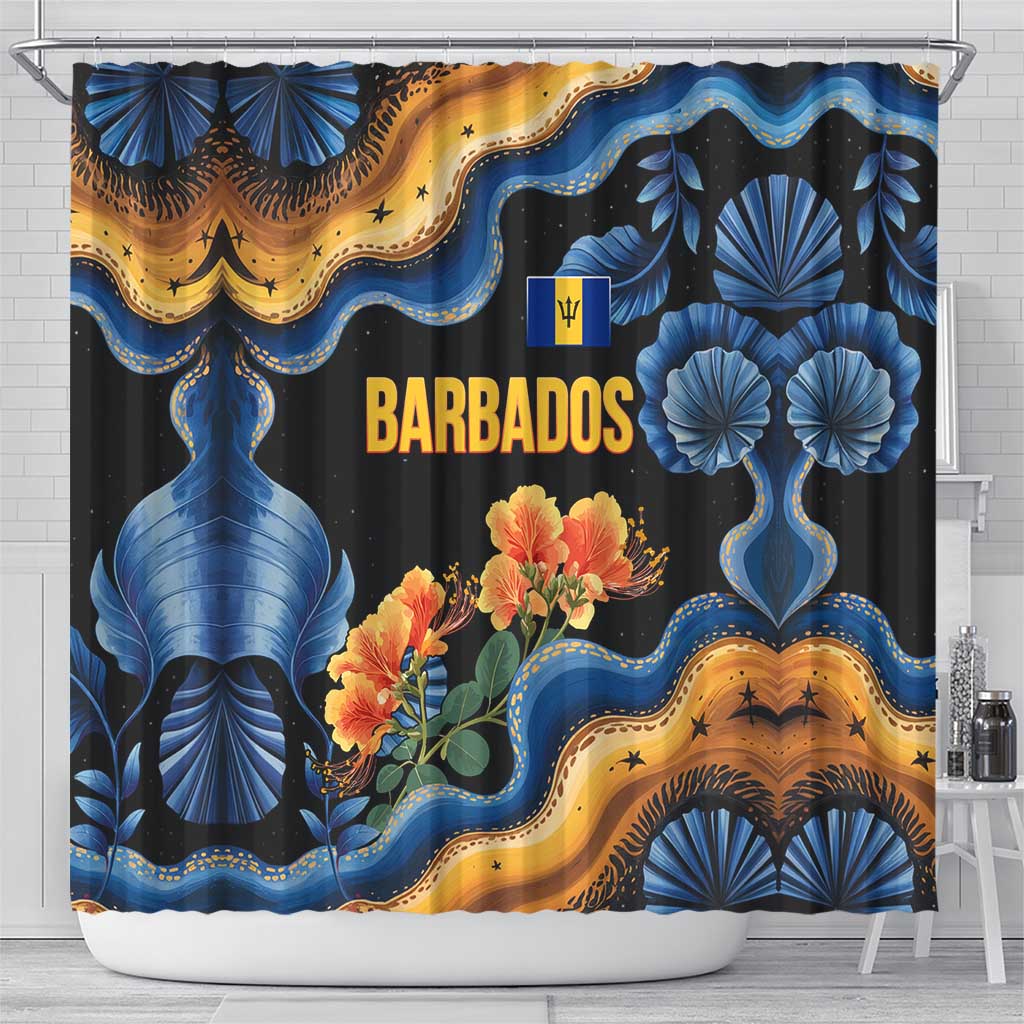 Barbados Floral Wave Shower Curtain with Tropical Hibiscus Print Black and Gold - Wonder Print Shop