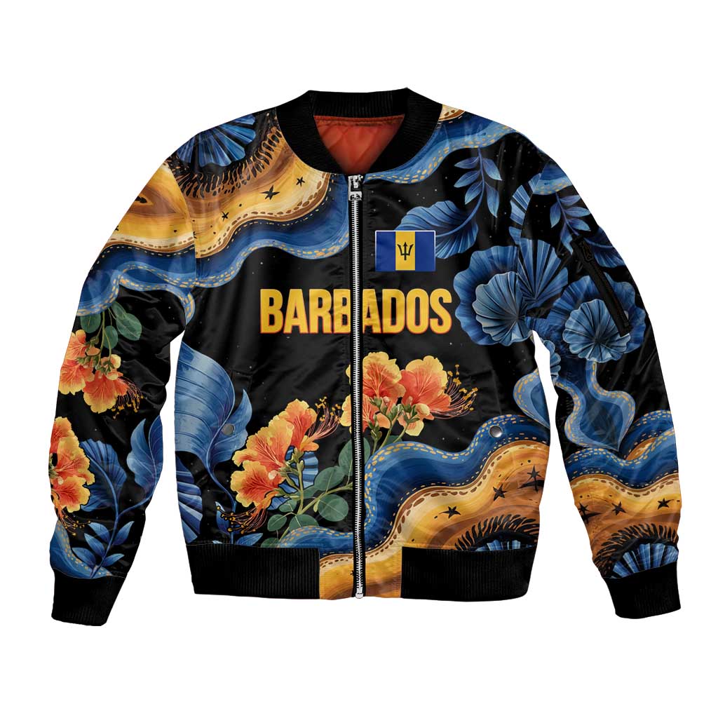 Barbados Floral Wave Sleeve Zip Bomber Jacket with Tropical Hibiscus Print Black and Gold - Wonder Print Shop