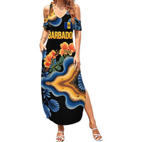 Barbados Floral Wave Summer Maxi Dress with Tropical Hibiscus Print Black and Gold - Wonder Print Shop