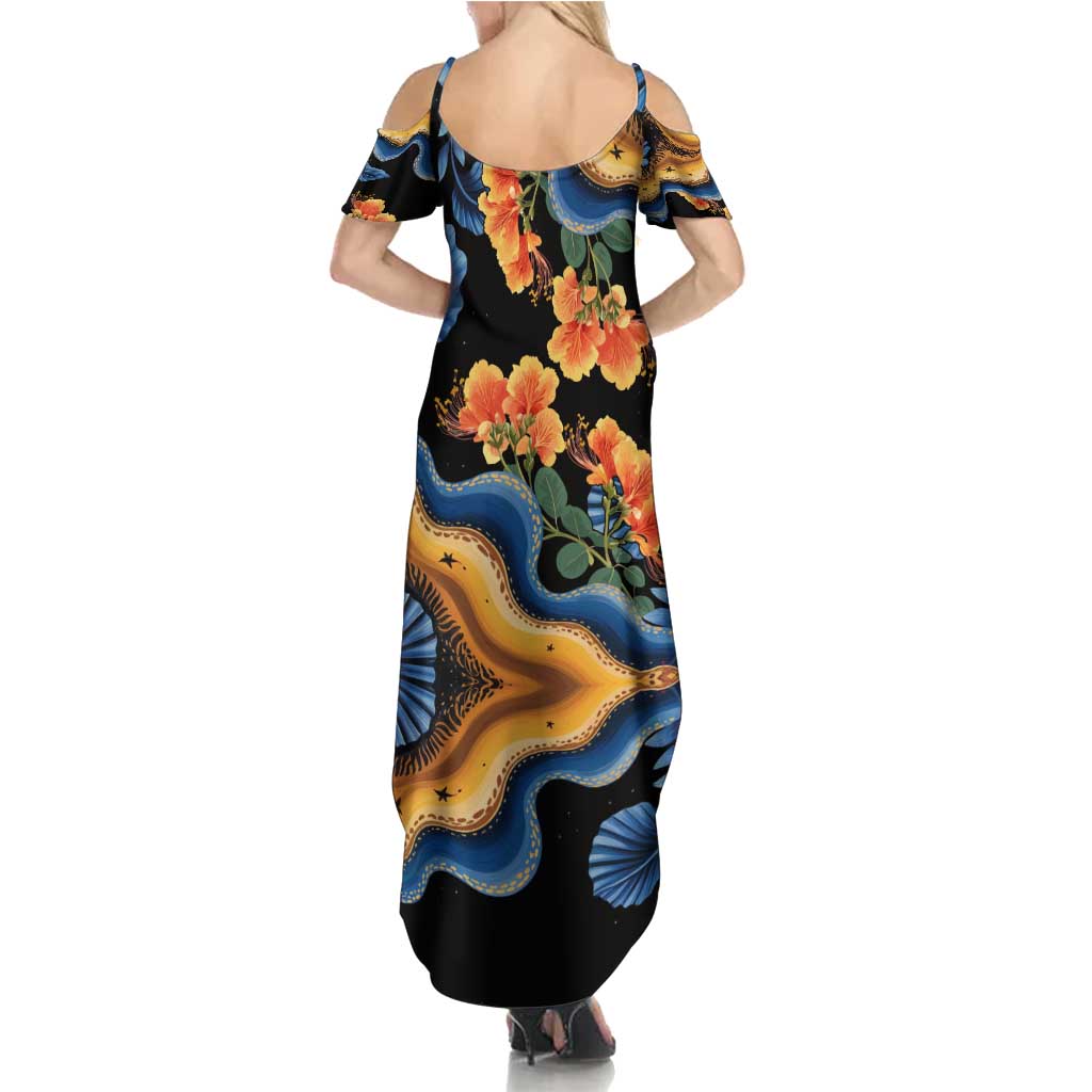 Barbados Floral Wave Summer Maxi Dress with Tropical Hibiscus Print Black and Gold - Wonder Print Shop