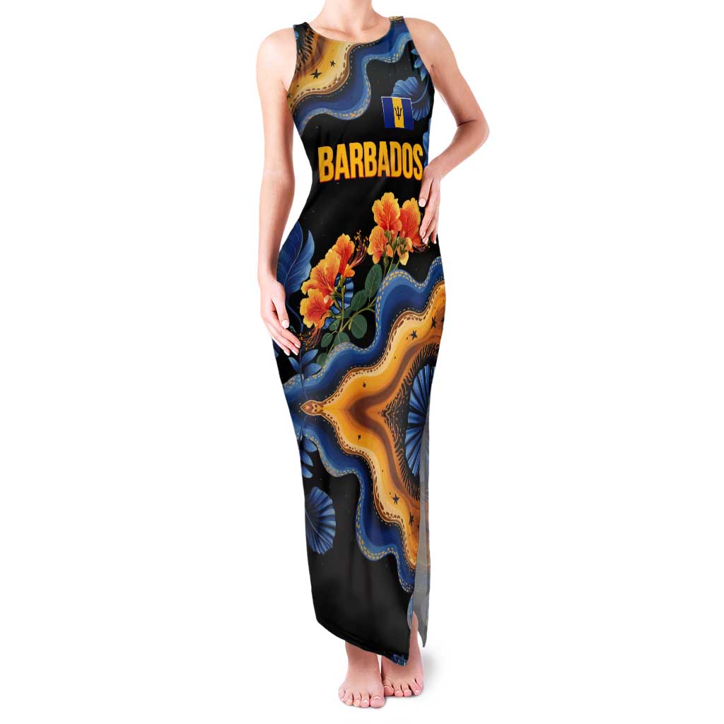 Barbados Floral Wave Tank Maxi Dress with Tropical Hibiscus Print Black and Gold - Wonder Print Shop