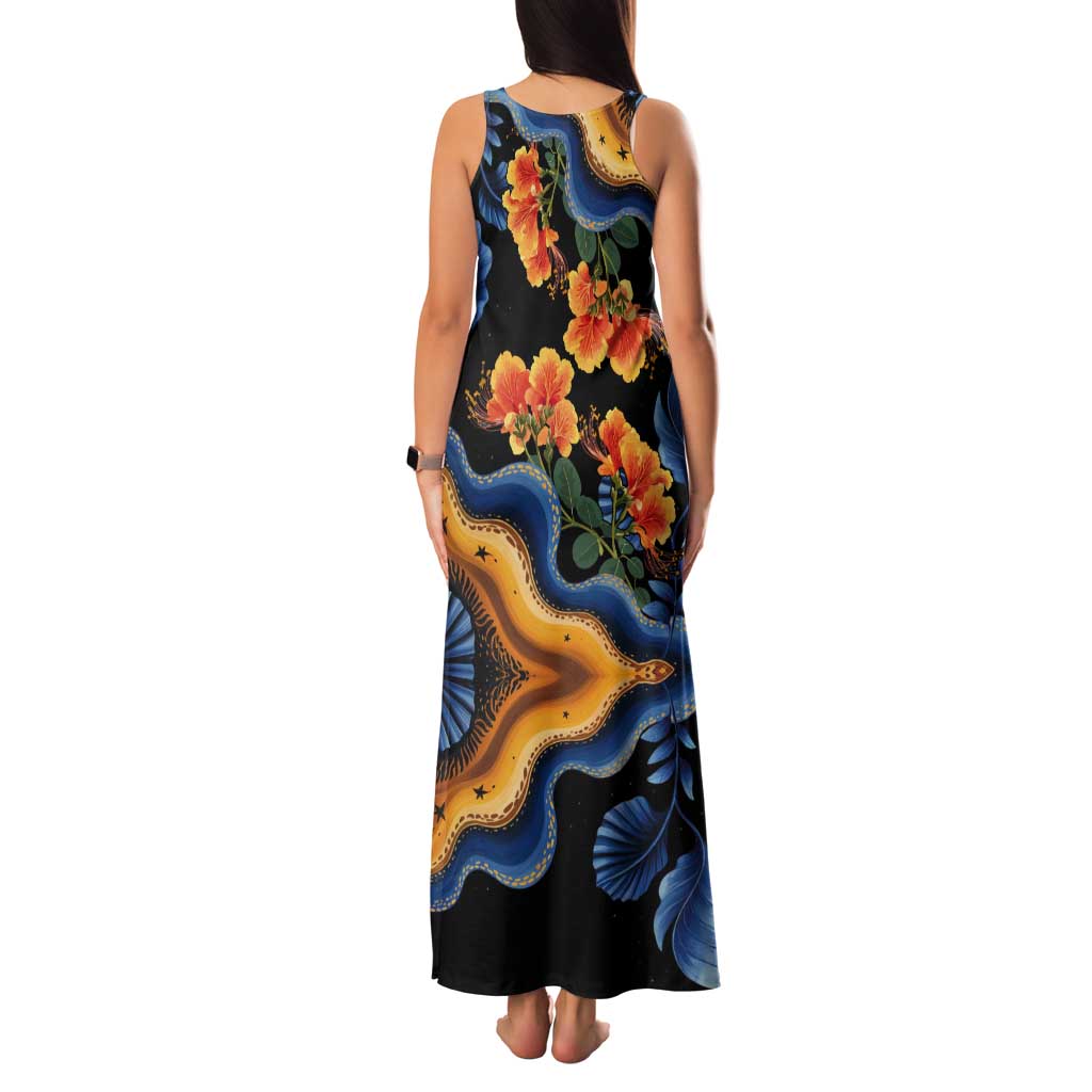 Barbados Floral Wave Tank Maxi Dress with Tropical Hibiscus Print Black and Gold - Wonder Print Shop