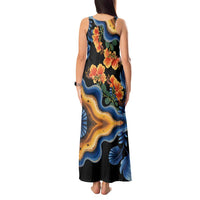 Barbados Floral Wave Tank Maxi Dress with Tropical Hibiscus Print Black and Gold - Wonder Print Shop
