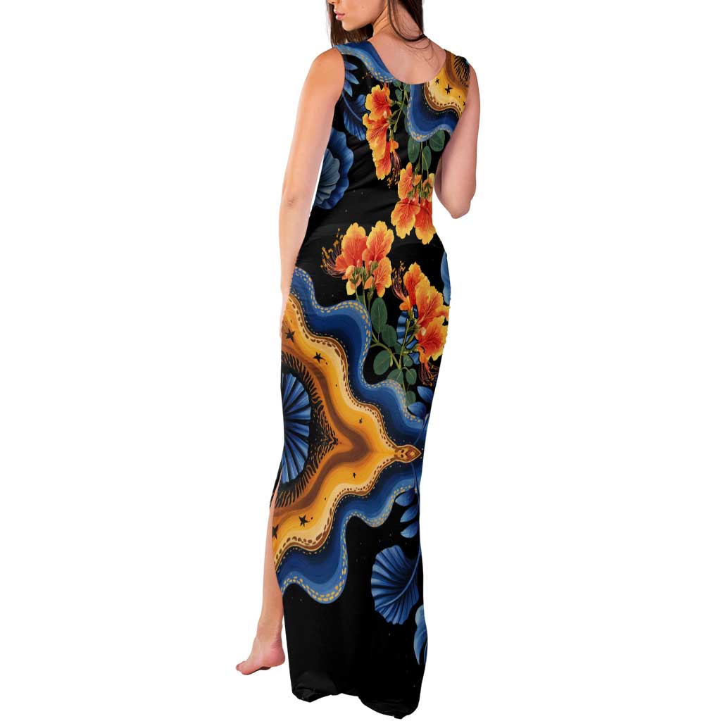 Barbados Floral Wave Tank Maxi Dress with Tropical Hibiscus Print Black and Gold - Wonder Print Shop