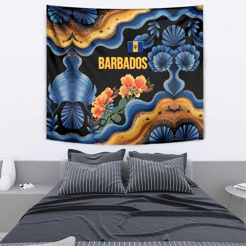 Barbados Floral Wave Tapestry with Tropical Hibiscus Print Black and Gold - Wonder Print Shop