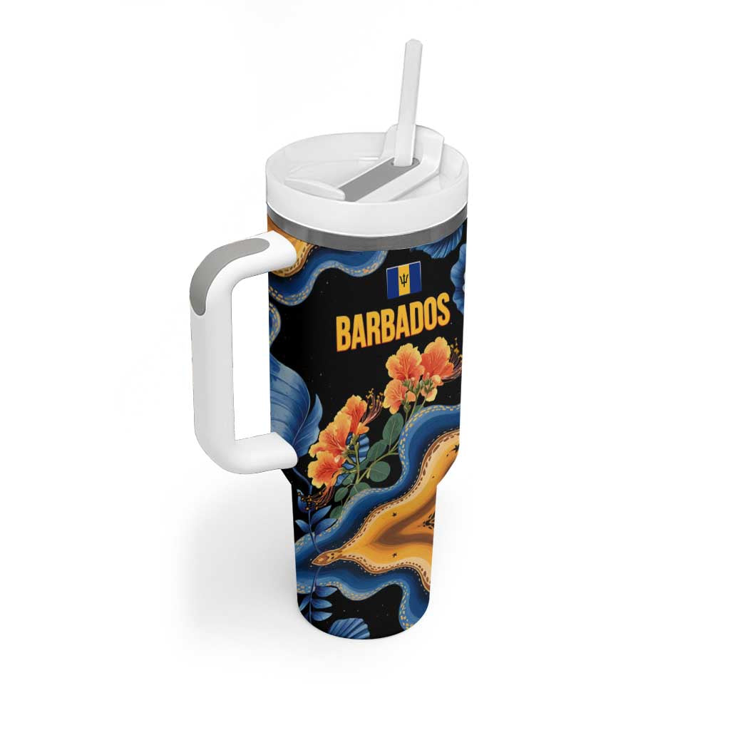 Barbados Floral Wave Tumbler With Handle with Tropical Hibiscus Print Black and Gold - Wonder Print Shop