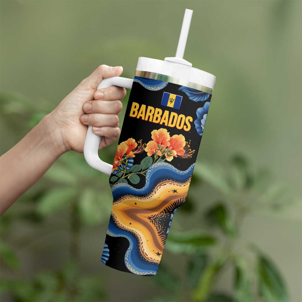 Barbados Floral Wave Tumbler With Handle with Tropical Hibiscus Print Black and Gold - Wonder Print Shop
