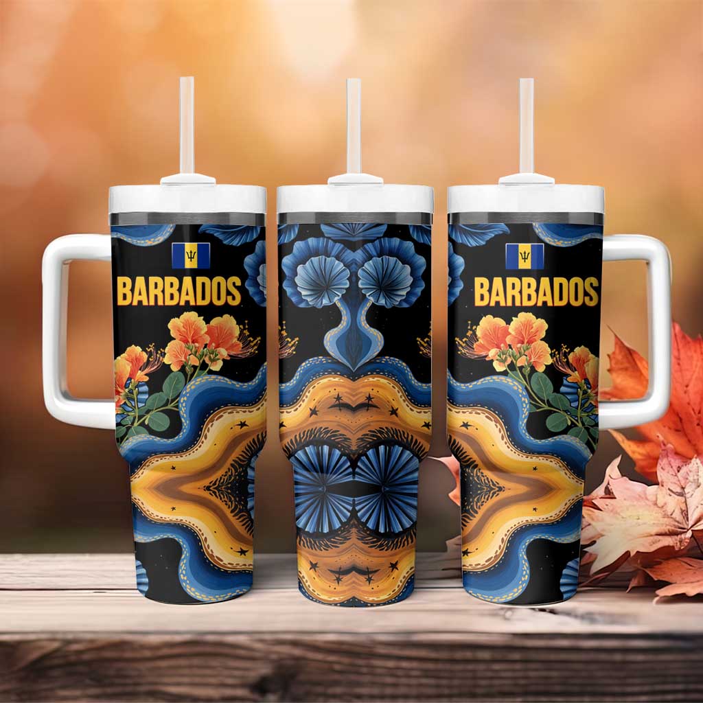 Barbados Floral Wave Tumbler With Handle with Tropical Hibiscus Print Black and Gold - Wonder Print Shop