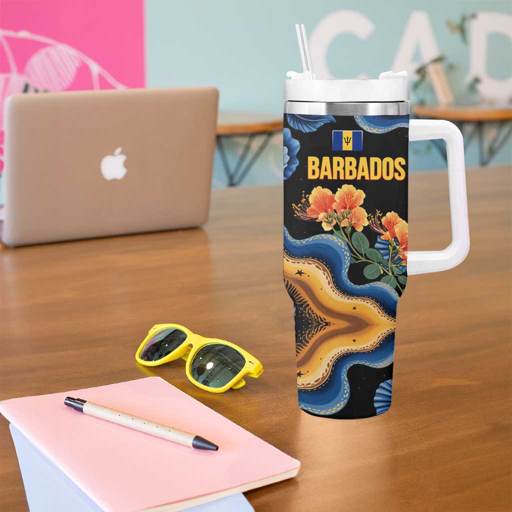 Barbados Floral Wave Tumbler With Handle with Tropical Hibiscus Print Black and Gold - Wonder Print Shop