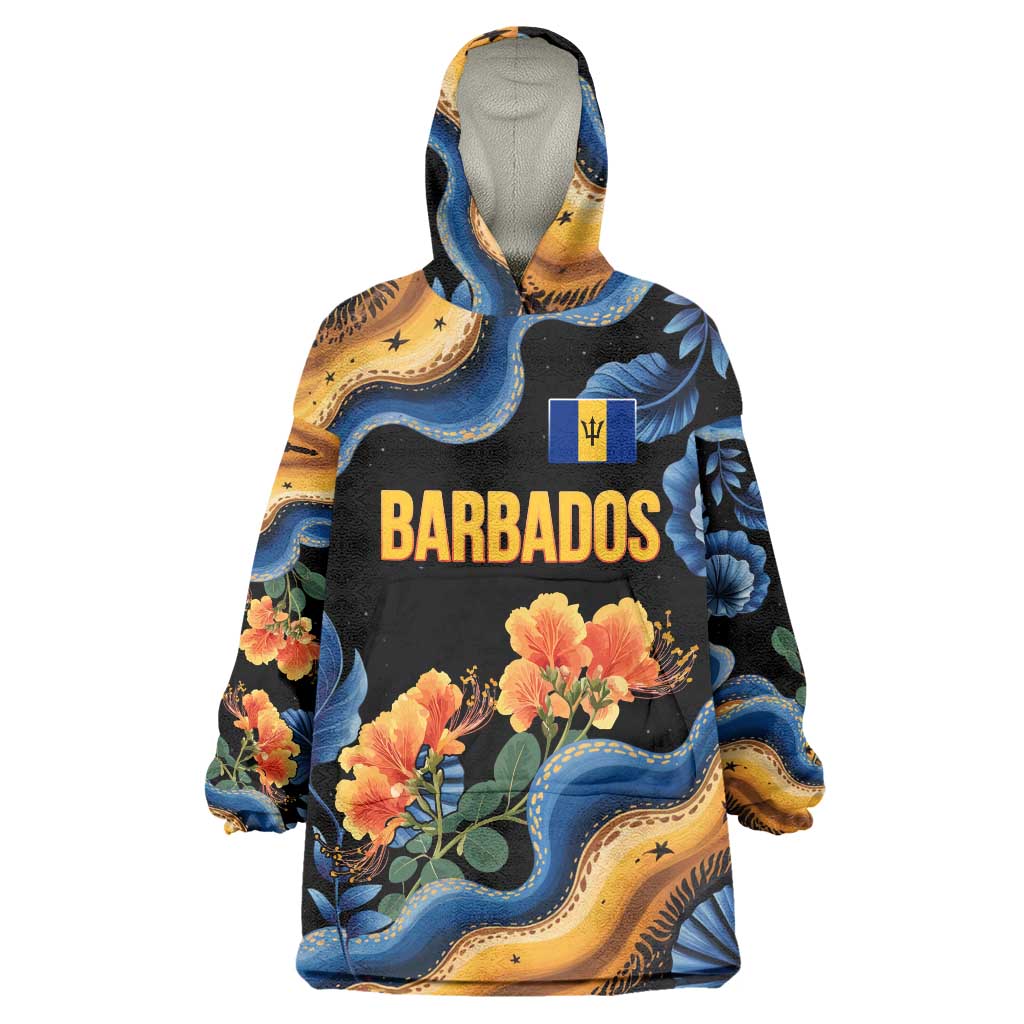 Barbados Floral Wave Wearable Blanket Hoodie with Tropical Hibiscus Print Black and Gold - Wonder Print Shop