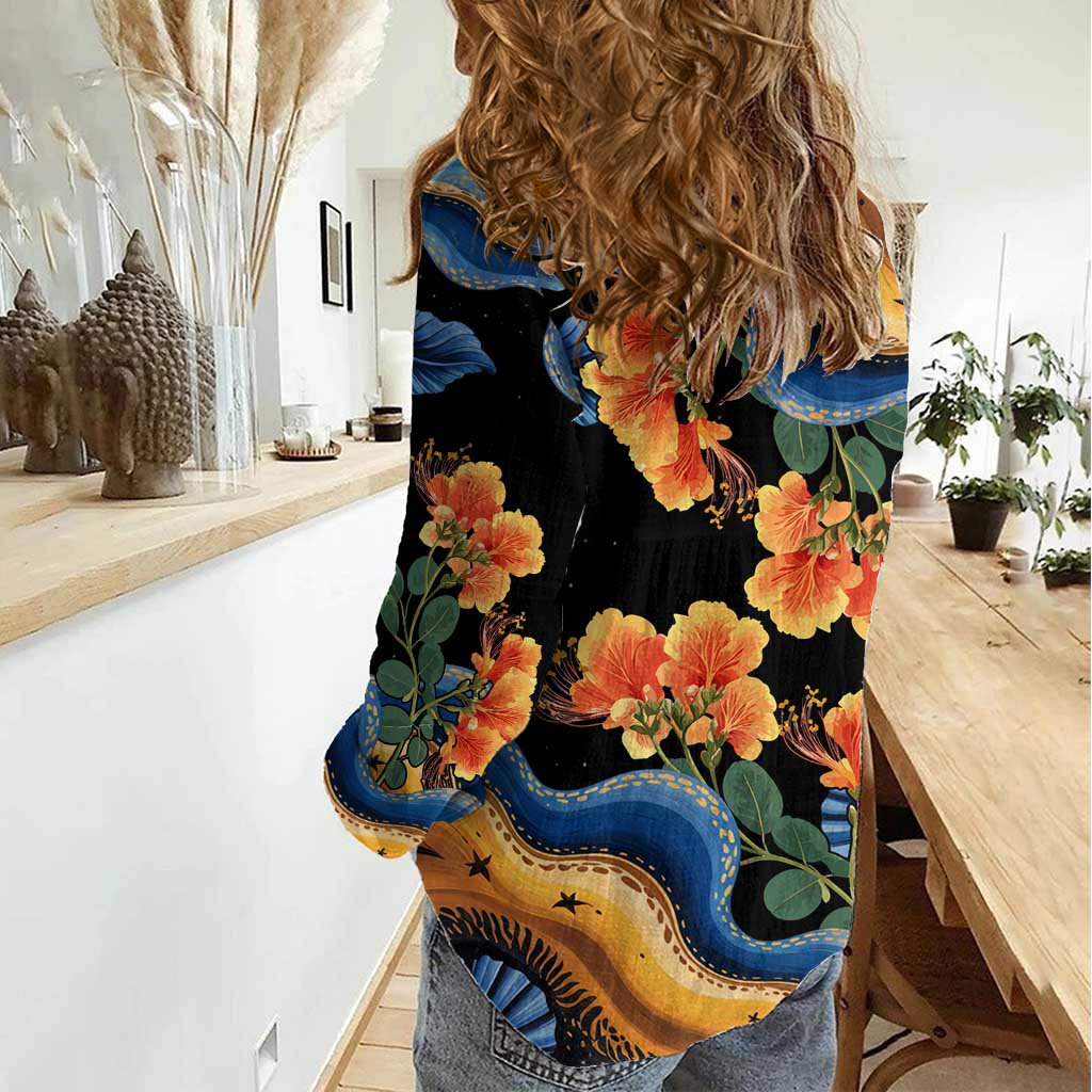 Barbados Floral Wave Women Casual Shirt with Tropical Hibiscus Print Black and Gold - Wonder Print Shop