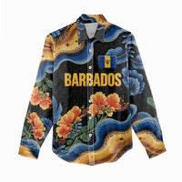Barbados Floral Wave Women Casual Shirt with Tropical Hibiscus Print Black and Gold - Wonder Print Shop