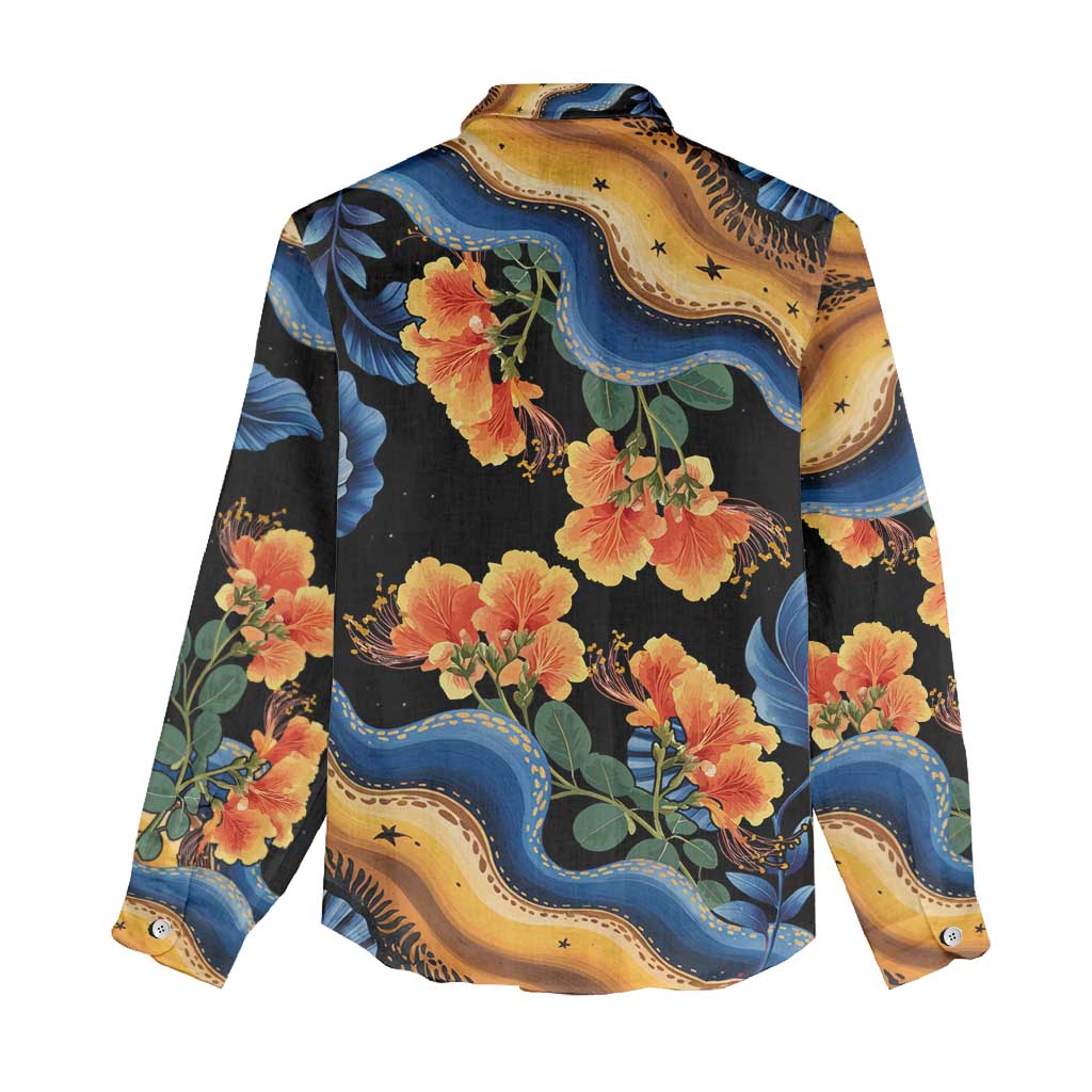 Barbados Floral Wave Women Casual Shirt with Tropical Hibiscus Print Black and Gold - Wonder Print Shop