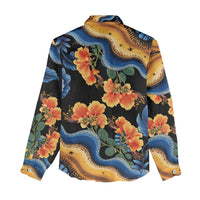 Barbados Floral Wave Women Casual Shirt with Tropical Hibiscus Print Black and Gold - Wonder Print Shop