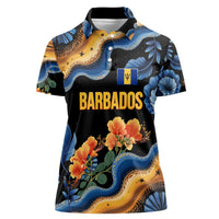 Barbados Floral Wave Women Polo Shirt with Tropical Hibiscus Print Black and Gold - Wonder Print Shop