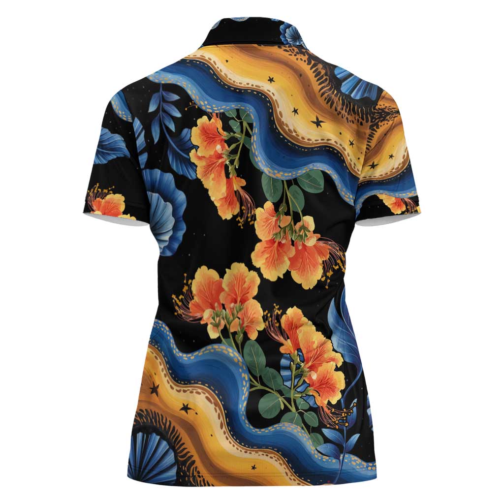 Barbados Floral Wave Women Polo Shirt with Tropical Hibiscus Print Black and Gold - Wonder Print Shop