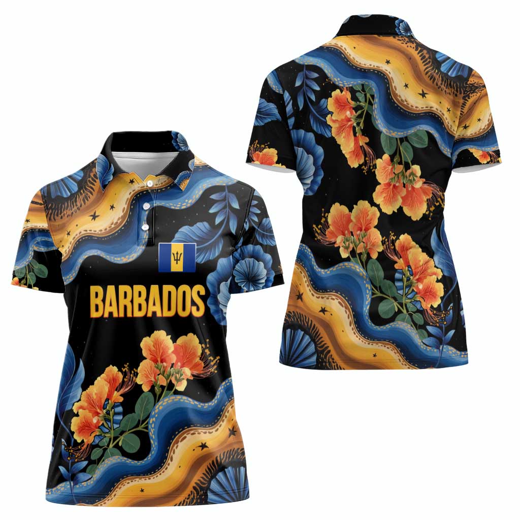 Barbados Floral Wave Women Polo Shirt with Tropical Hibiscus Print Black and Gold - Wonder Print Shop