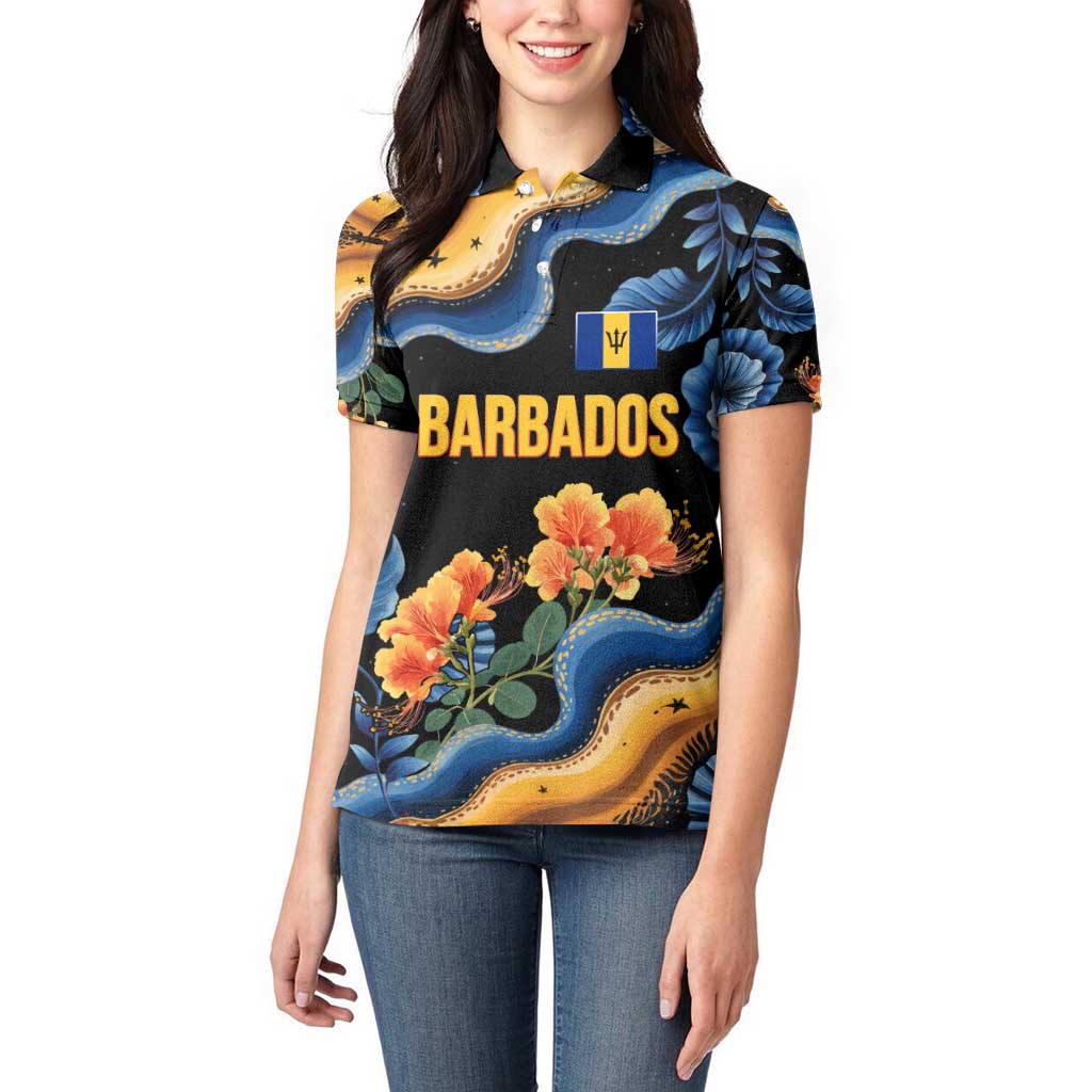 Barbados Floral Wave Women Polo Shirt with Tropical Hibiscus Print Black and Gold - Wonder Print Shop