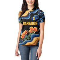 Barbados Floral Wave Women Polo Shirt with Tropical Hibiscus Print Black and Gold - Wonder Print Shop