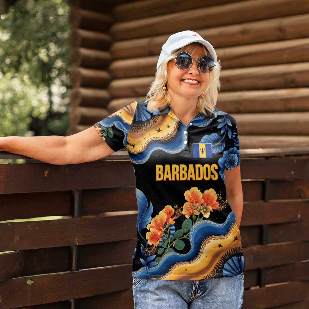 Barbados Floral Wave Women Polo Shirt with Tropical Hibiscus Print Black and Gold - Wonder Print Shop
