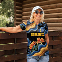 Barbados Floral Wave Women Polo Shirt with Tropical Hibiscus Print Black and Gold - Wonder Print Shop