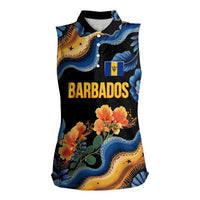 Barbados Floral Wave Women Sleeveless Polo Shirt with Tropical Hibiscus Print Black and Gold - Wonder Print Shop