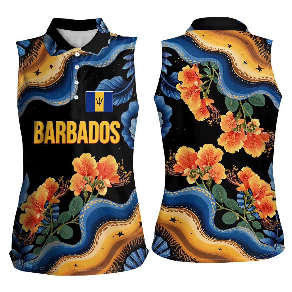 Barbados Floral Wave Women Sleeveless Polo Shirt with Tropical Hibiscus Print Black and Gold - Wonder Print Shop