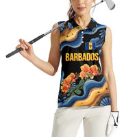 Barbados Floral Wave Women Sleeveless Polo Shirt with Tropical Hibiscus Print Black and Gold - Wonder Print Shop