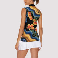 Barbados Floral Wave Women Sleeveless Polo Shirt with Tropical Hibiscus Print Black and Gold - Wonder Print Shop