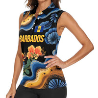 Barbados Floral Wave Women Sleeveless Polo Shirt with Tropical Hibiscus Print Black and Gold - Wonder Print Shop