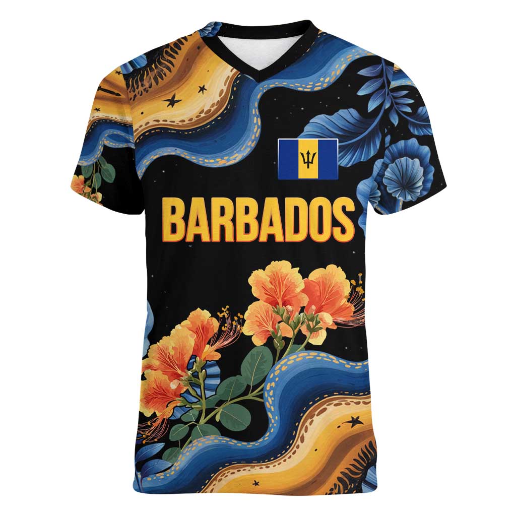 Barbados Floral Wave Women V-Neck T-Shirt with Tropical Hibiscus Print Black and Gold - Wonder Print Shop