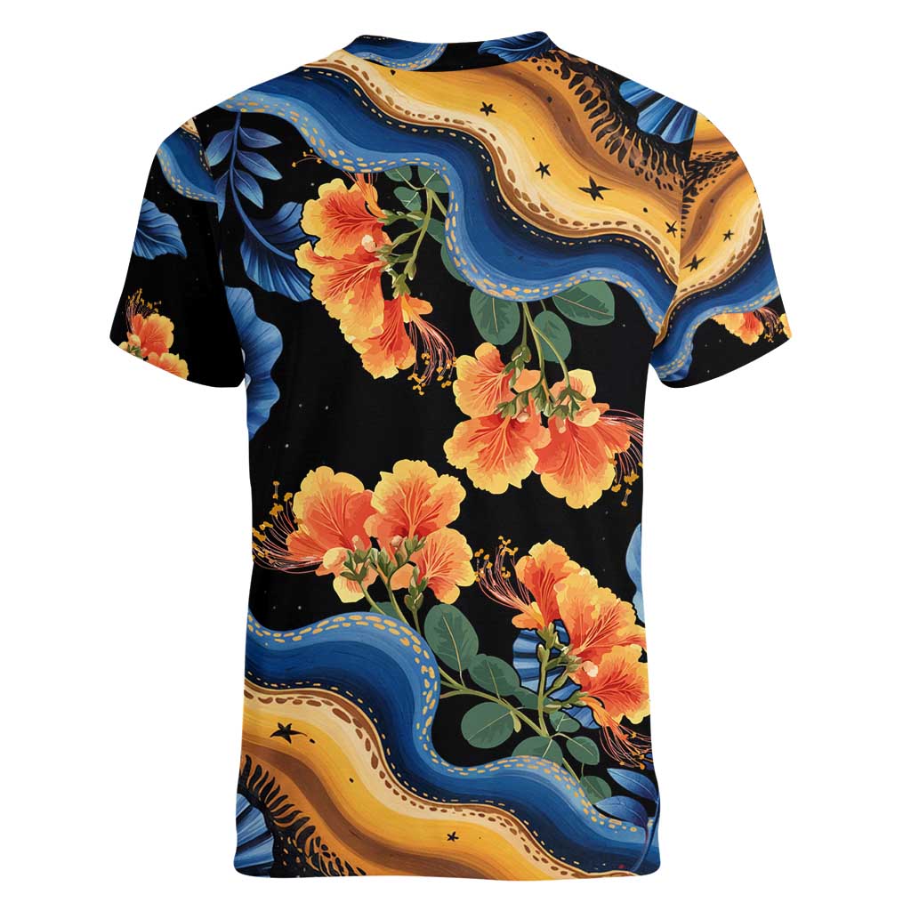 Barbados Floral Wave Women V-Neck T-Shirt with Tropical Hibiscus Print Black and Gold - Wonder Print Shop