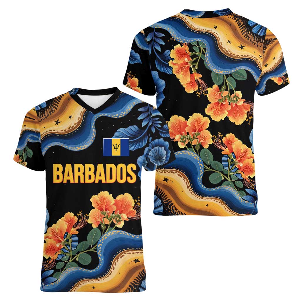 Barbados Floral Wave Women V-Neck T-Shirt with Tropical Hibiscus Print Black and Gold - Wonder Print Shop
