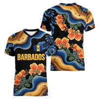 Barbados Floral Wave Women V-Neck T-Shirt with Tropical Hibiscus Print Black and Gold - Wonder Print Shop