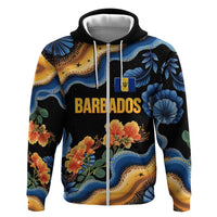 Barbados Floral Wave Zip Hoodie with Tropical Hibiscus Print Black and Gold - Wonder Print Shop