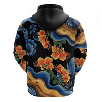 Barbados Floral Wave Zip Hoodie with Tropical Hibiscus Print Black and Gold - Wonder Print Shop