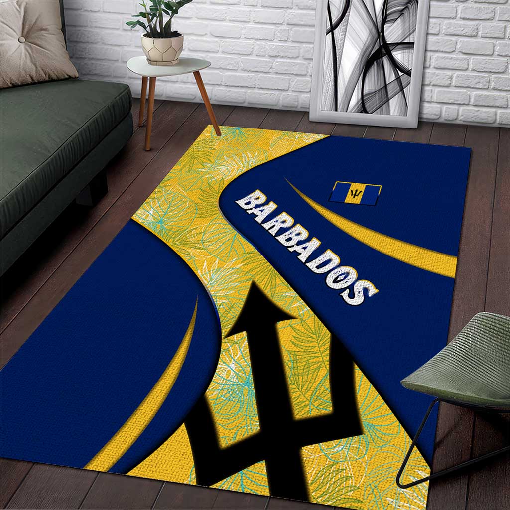 Barbados Flag Area Rug Blue and Yellow with Trident and Tropical Leaf Pattern - Wonder Print Shop