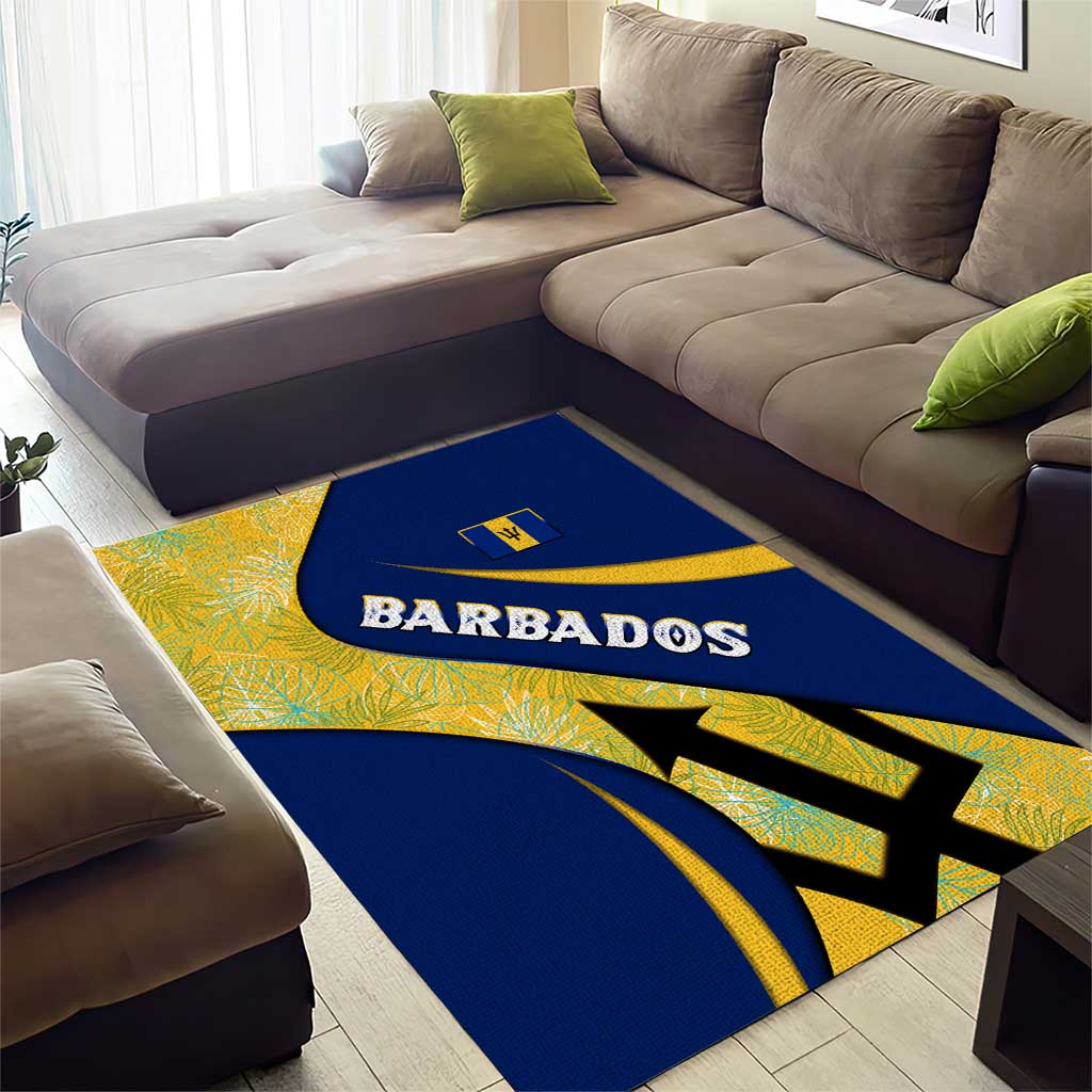Barbados Flag Area Rug Blue and Yellow with Trident and Tropical Leaf Pattern - Wonder Print Shop