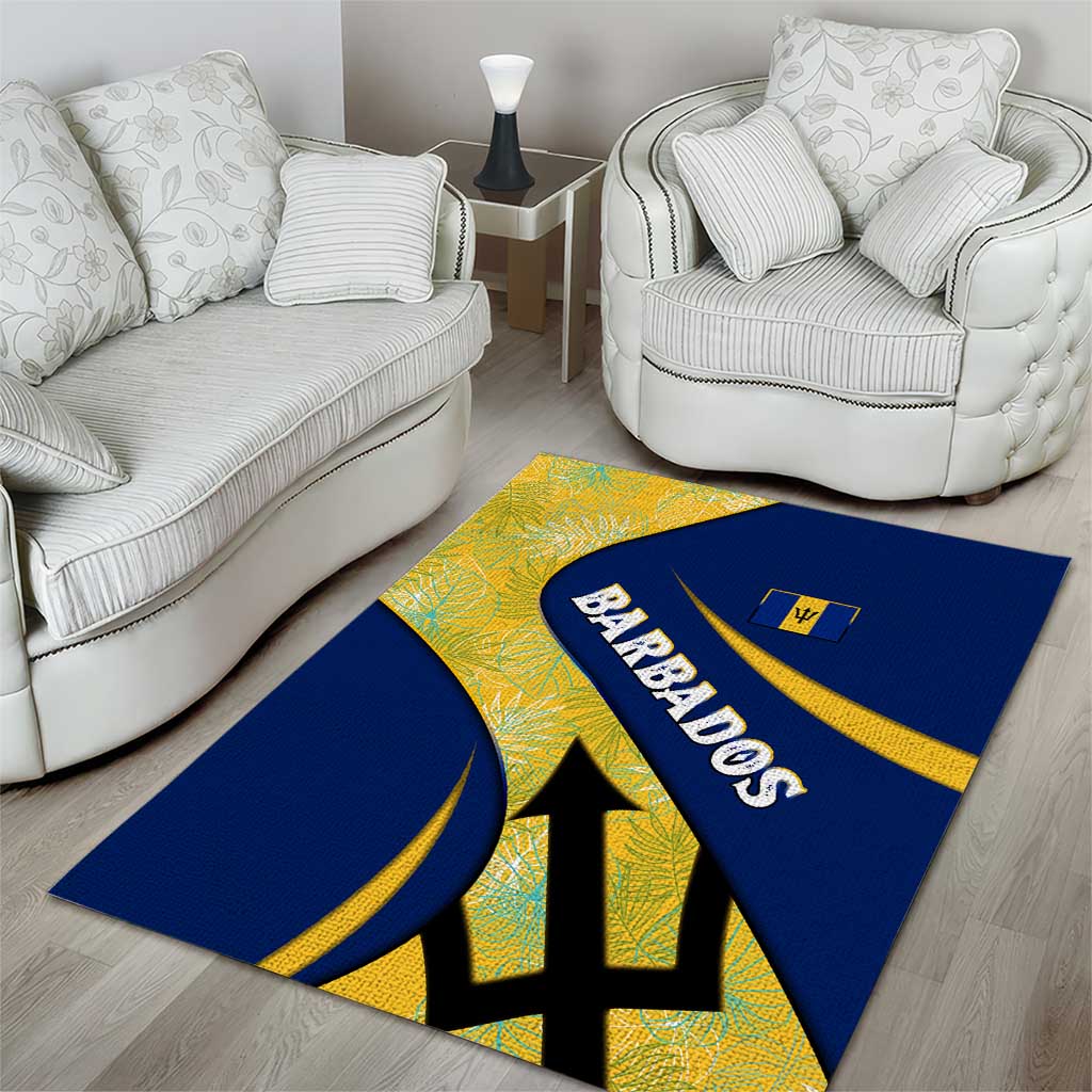 Barbados Flag Area Rug Blue and Yellow with Trident and Tropical Leaf Pattern - Wonder Print Shop