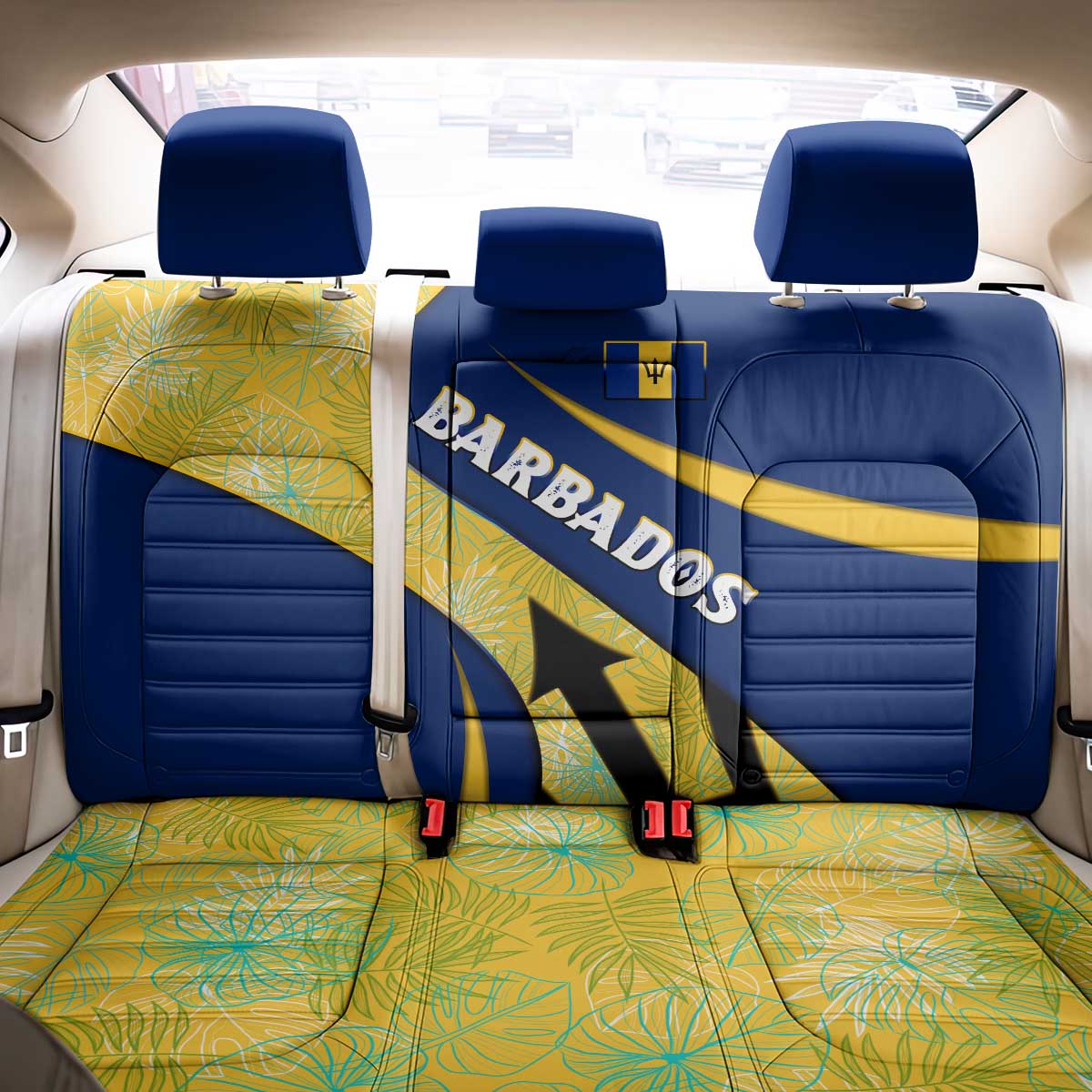 Barbados Flag Back Car Seat Cover Blue and Yellow with Trident and Tropical Leaf Pattern - Wonder Print Shop