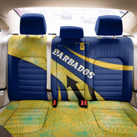 Barbados Flag Back Car Seat Cover Blue and Yellow with Trident and Tropical Leaf Pattern - Wonder Print Shop
